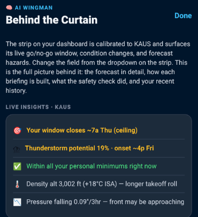 PilotBriefAI AI Wingman Behind the Curtain screen showing live insights for KAUS