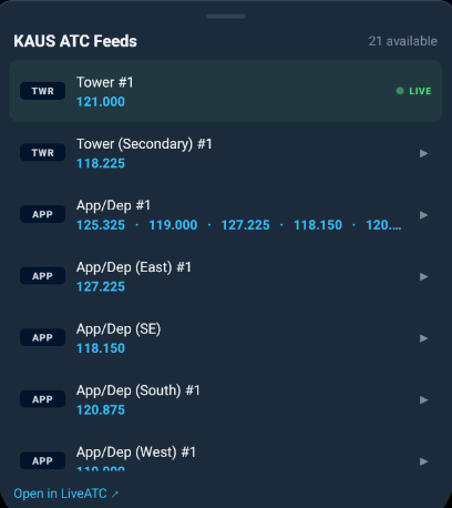 PilotBriefAI KAUS ATC feed list