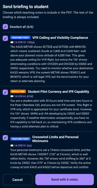 PilotBriefAI send briefing to student with selectable teaching notes