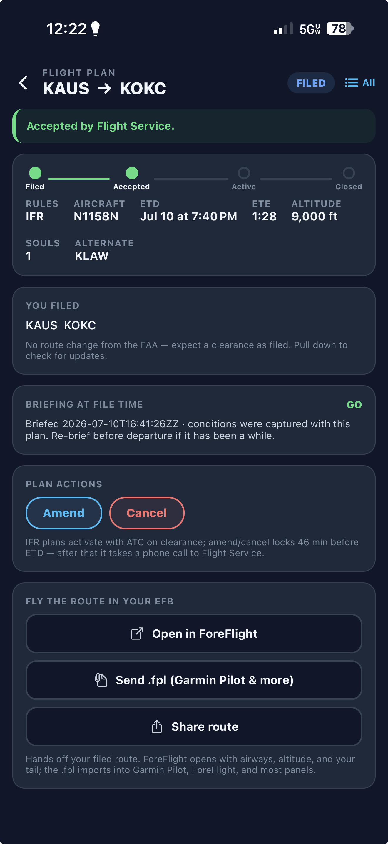 PilotBriefAI flight plan management screen showing KAUS to KOKC accepted by Flight Service with amend, cancel, ForeFlight, FPL, and share actions