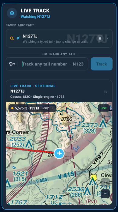 PilotBriefAI Live Track screen watching N127TJ on a VFR sectional map