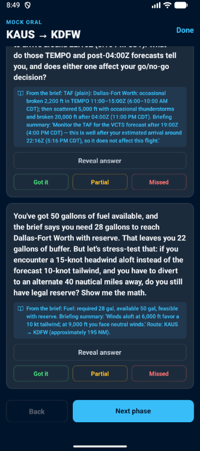 PilotBriefAI Mock Oral live question screen with grounded fuel and weather questions