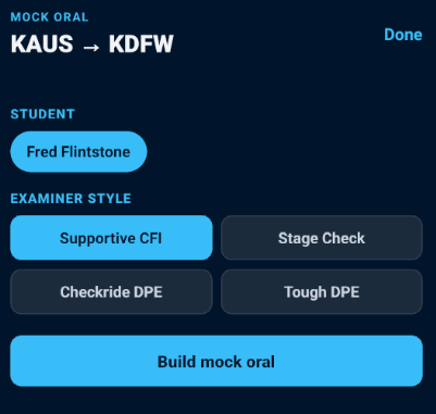 PilotBriefAI Mock Oral setup screen with student and examiner style controls