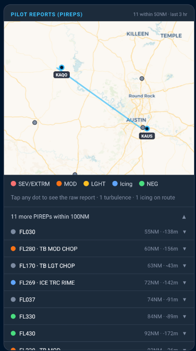 PilotBriefAI phone screen showing route PIREP map, severity legend, and expandable report list