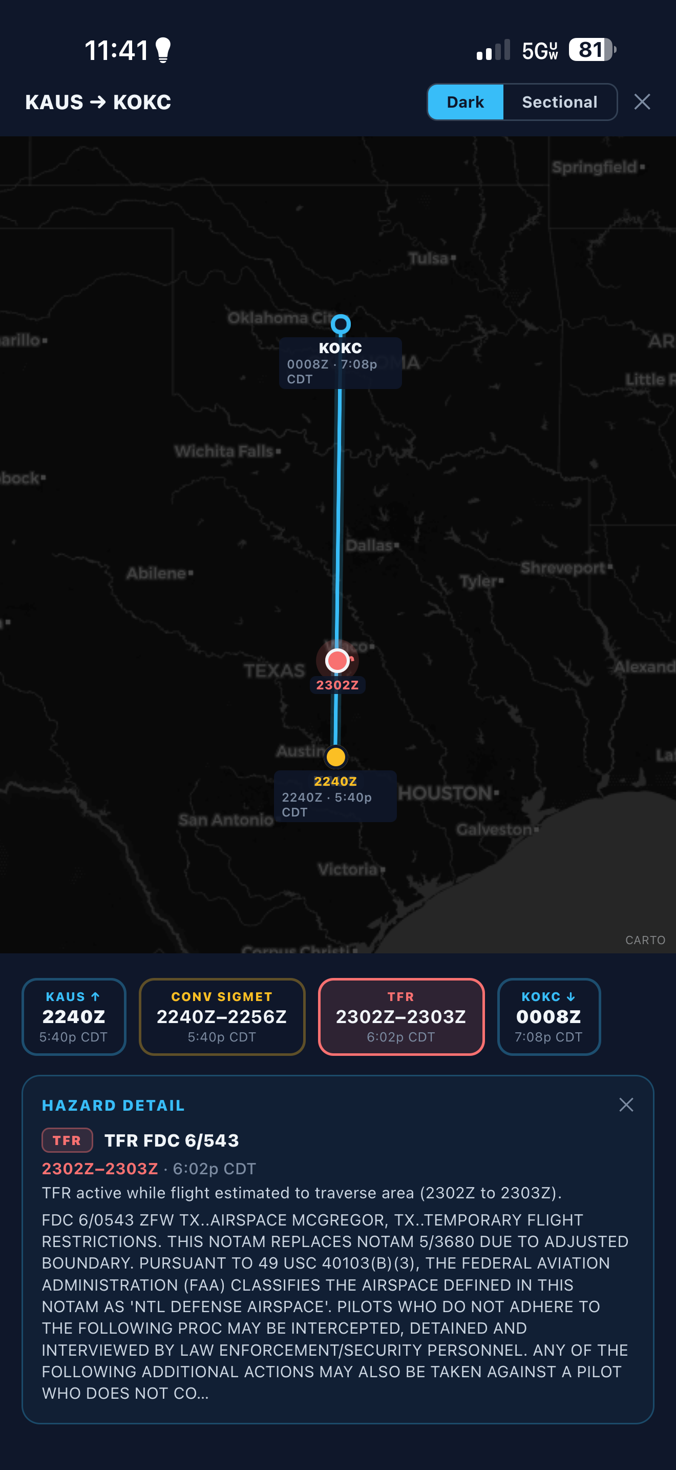 PilotBriefAI route hazard timeline showing KAUS to KOKC with a convective SIGMET and TFR in encounter order