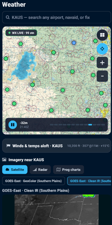 PilotBriefAI Weather Explorer with radar loop, flight category stations, winds and temps aloft, and satellite imagery near KAUS